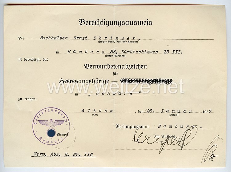Verwundetenabzeichen in Schwarz 1918 für Heeresangehörige - Berechtigungsausweis zum Tragen