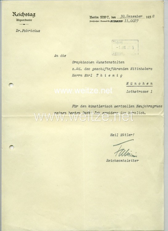III. Reich - Reichstagsabgeordneter Dr. Hans Fabricius - Originalunterschrift auf einem Schreiben