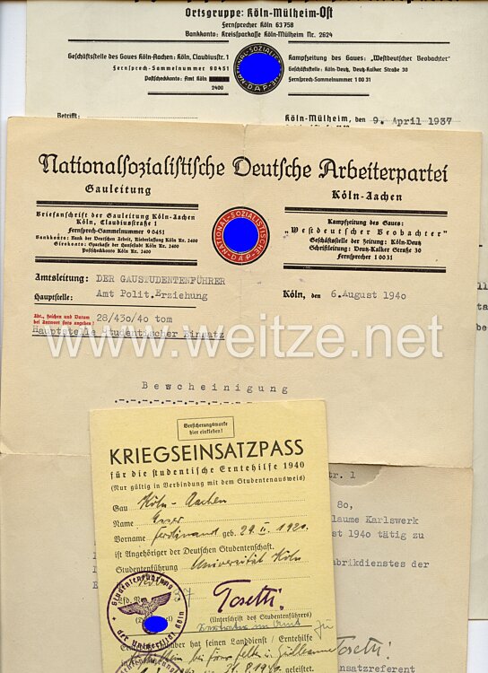 HJ / NSDAP Gauleitung Köln-Aachen - Kriegseinsatzpass für die studentische Erntehilfe 1940