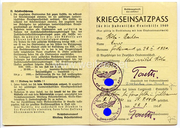 HJ / NSDAP Gauleitung Köln-Aachen - Kriegseinsatzpass für die studentische Erntehilfe 1940 Bild 2