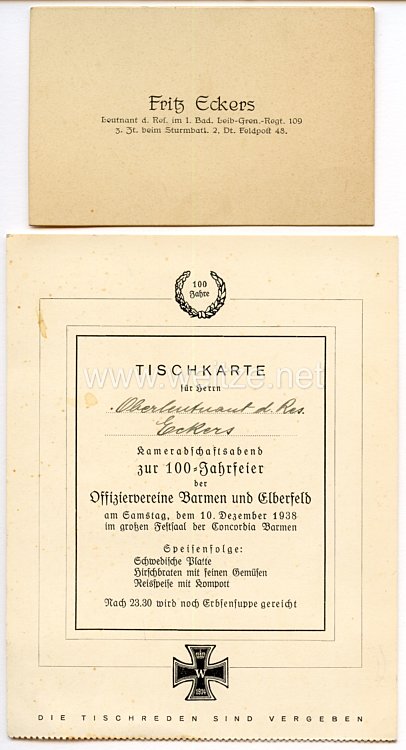 1. Weltkrieg - originale Visitenkarte eines Leutnant d.Res. im I.Bad.Leib-Gren.-Regt.109 z.Zt. beim Sturmbataillon 2 Dt.Feldpost 48