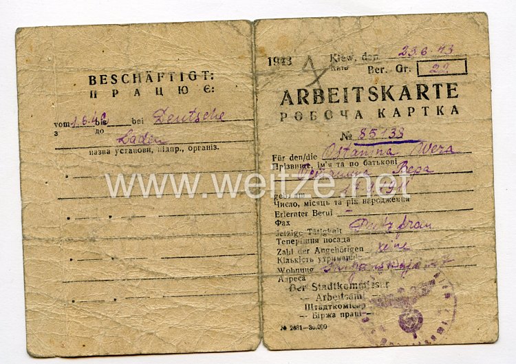 III. Reich - Arbeitskarte für eine Ukrainische Arbeiterin des Jahrgang 1911