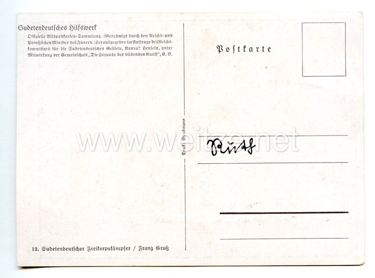 III. Reich - farbige Propaganda-Postkarte - " Sudetendeutscher Freikorpskämpfer " Bild 2