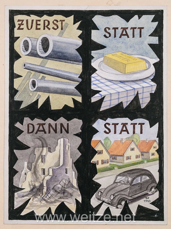 III. Reich Widerstand : Plakatentwurf eines Antifaschisten "Zuerst Kanonen statt Butter, dann Ruinen statt Frieden", datiert 1943 Bild 2