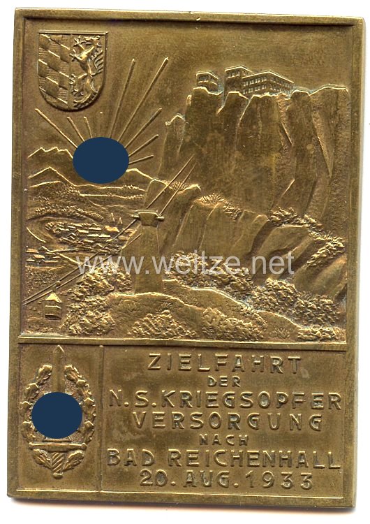 NSKOV - nichttragbare Teilnehmerplakette - " Zielfahrt der N.S.Kriegsopferversorgung nach Bad Reichenhall 20. Aug. 1933 "