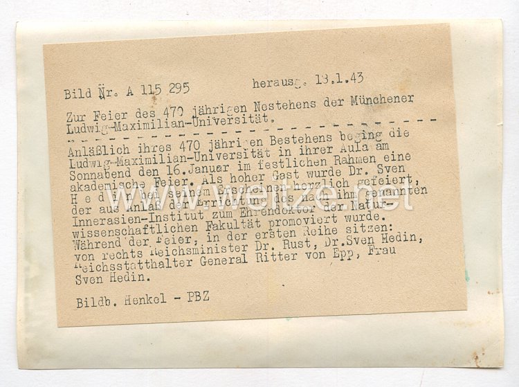 3. Reich Pressefoto: Zur Feier des 470-jährigen Bestehens der Münchener Ludwig-Maximilian-Universität 13.1.1943 Bild 2