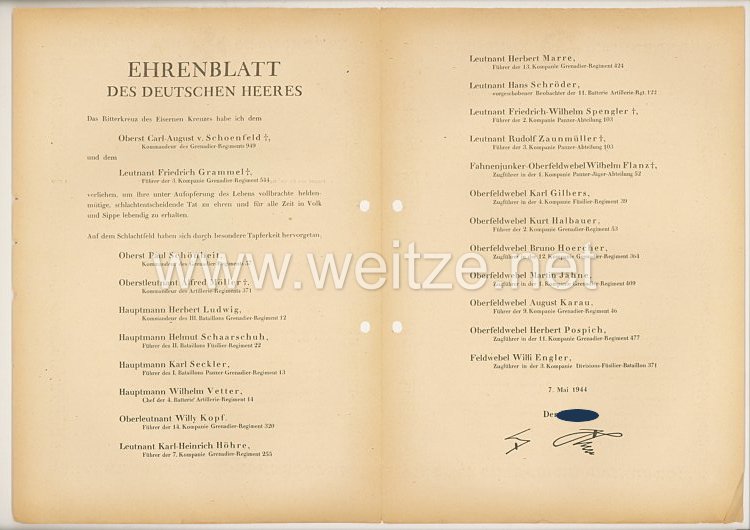 Ehrenblatt des deutschen Heeres - Ausgabe vom 7. Mai 1944