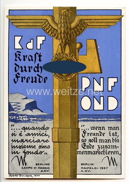 III. Reich / Italien - farbige Propaganda-Postkarte - " KdF Kraft durch Freude - PNF - OND Berlin Maifeld 1937 "