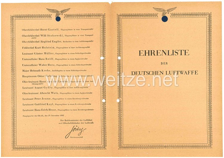 Ehrenliste der Deutschen Luftwaffe - Ausgabe vom 23. November 1942 Ehrenpokal für besondere Leistung im Luftkrieg Bild 2