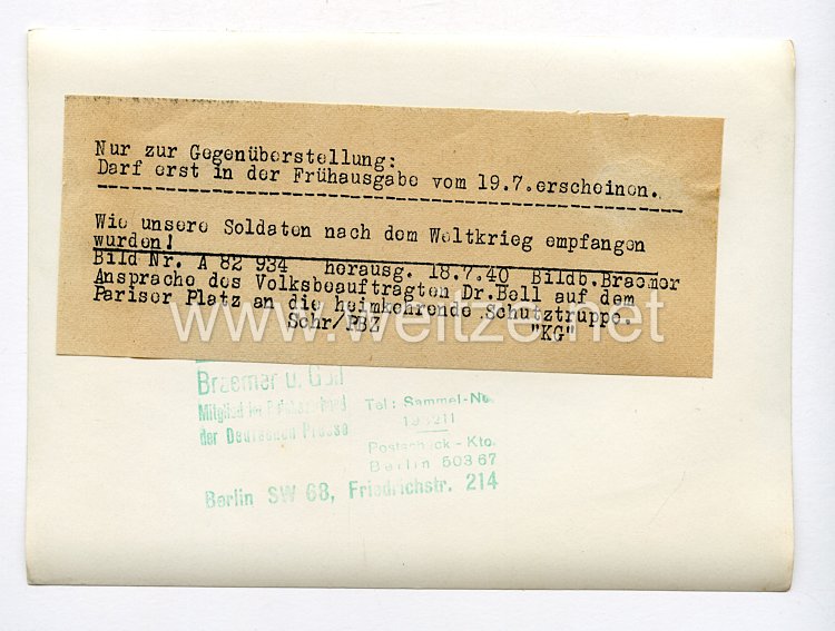  III. Reich Pressefoto. Wie unsere Soldaten nach dem Weltkrieg empfangen wurden. 18.7.1940. Bild 2