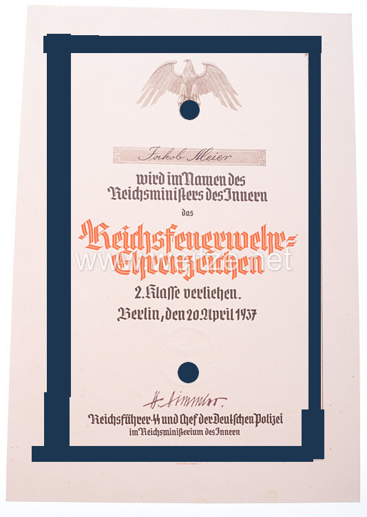 Reichsführer-SS - Reichsfeuerwehr-Ehrenzeichen 2. Klasse - Verleihungsurkunde Bild 2