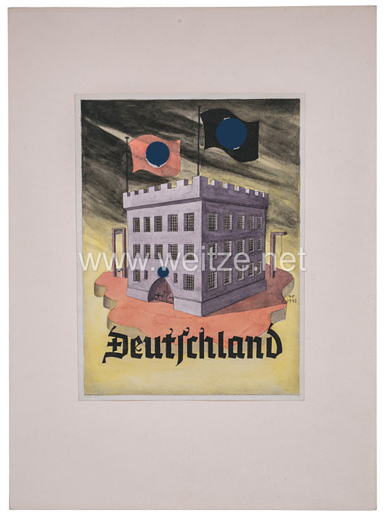 III. Reich Widerstand : Plakatentwurf eines Antifaschisten "Nazi Deutschland - ein SS Gefängniss", datiert 1943