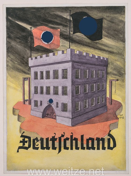 III. Reich Widerstand : Plakatentwurf eines Antifaschisten "Nazi Deutschland - ein SS Gefängniss", datiert 1943 Bild 2