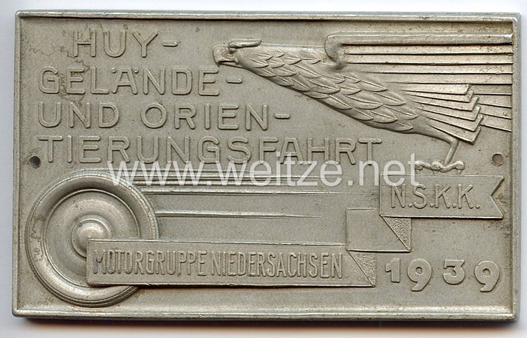NSKK - nichttragbare Teilnehmerplakette - " Motorgruppe Niedersachsen - HUY-Gelände- und Orientierungsfahrt 1939 "