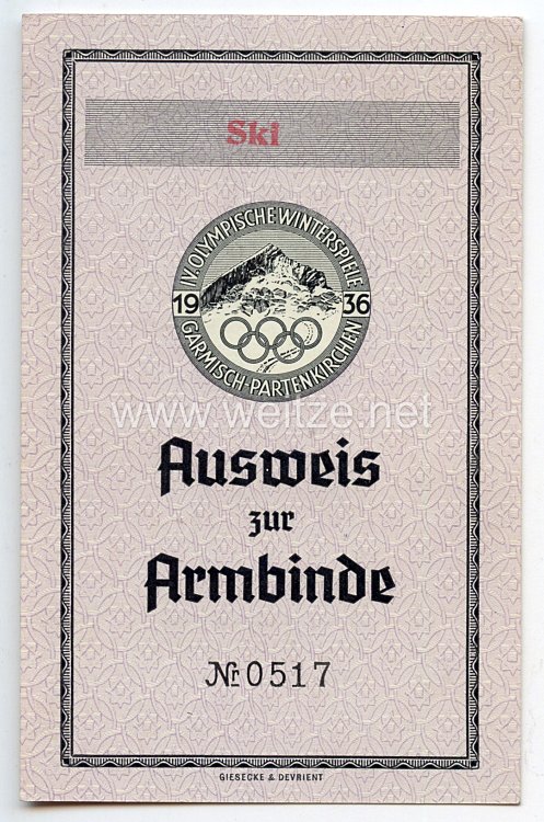 IV. Olympische Winterspiele Garmisch-Partenkirchen - Ausweis zur Armbinde Nr. 0517 in der Kategorie " Ski "