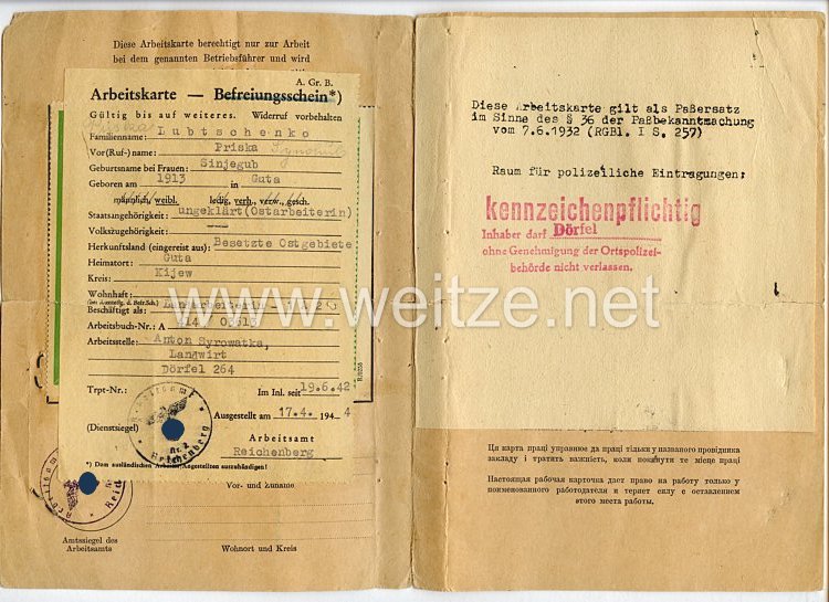 III. Reich - Arbeitskarte für altsowjetrussische Arbeitskräfte aus Sowjetrußland Bild 2