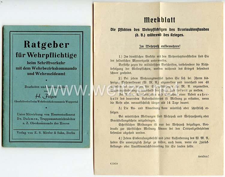 III. Reich - Ratgeber für Wehrpflichtige beim Schriftverkehr mit dem Wehrbezirkskommando und Wehrmeldeamt