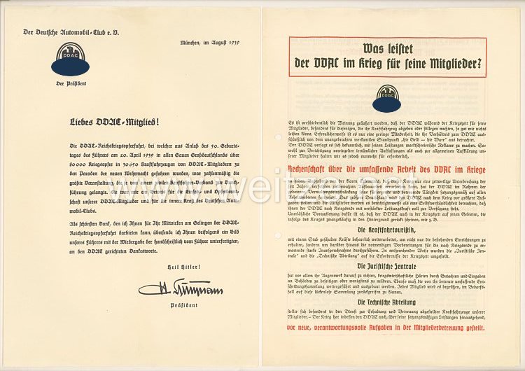III. Reich - Der Deutsche Automobil-Club ( DDAC ) - Rundschreiben an die Mitglieder die an der DDAC-Reichskriegsopferfahrt am 20.4.1939 teilgenommen haben