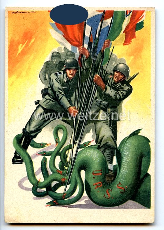 III. Reich / Italien - farbige Propaganda-Postkarte - " Deutschland und Italien gegen die UdSSR "