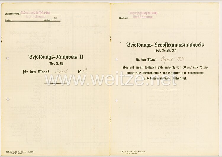 Trägerjagdstaffel 6/186 Kiel-Holtenau - Besoldungs-Nachweis II und Verpflegungsnachweis