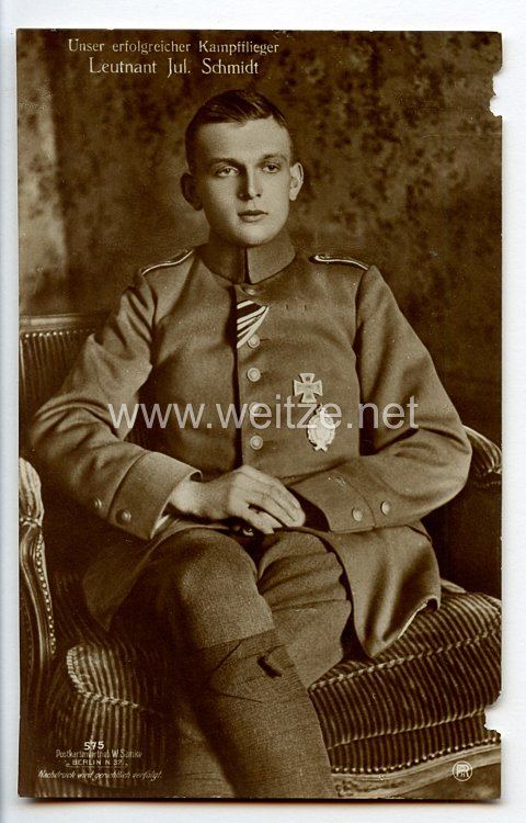 Fliegerei 1. Weltkrieg - Fotopostkarte  - Deutsche Fliegerhelden " Leutnant Jul. Schmidt "