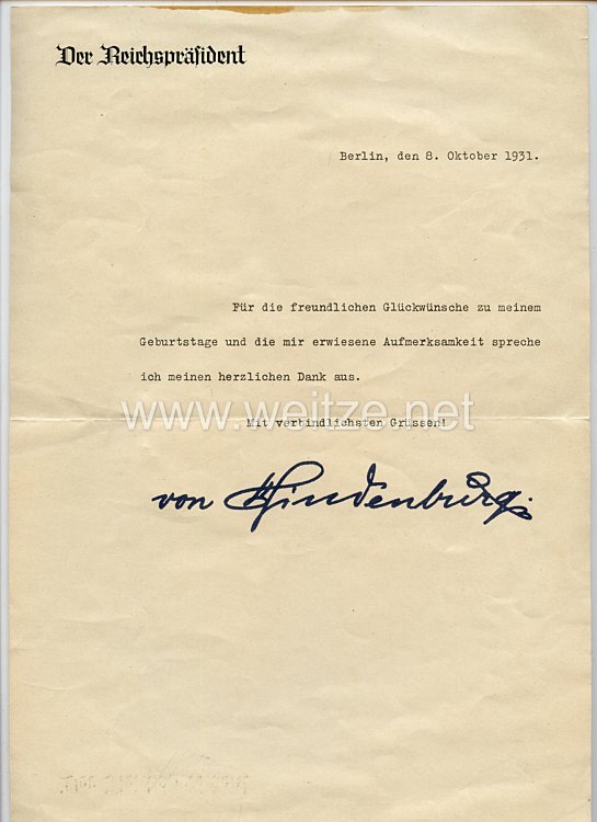 Reichspräsident Paul von Hindenburg - Faksimileunterschrift mit Foto