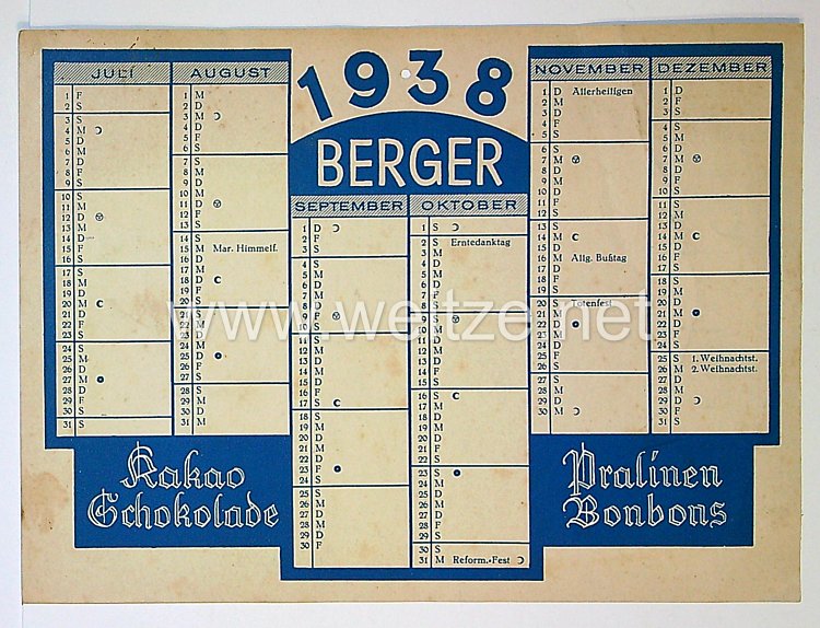 Jahreskalender von 1938