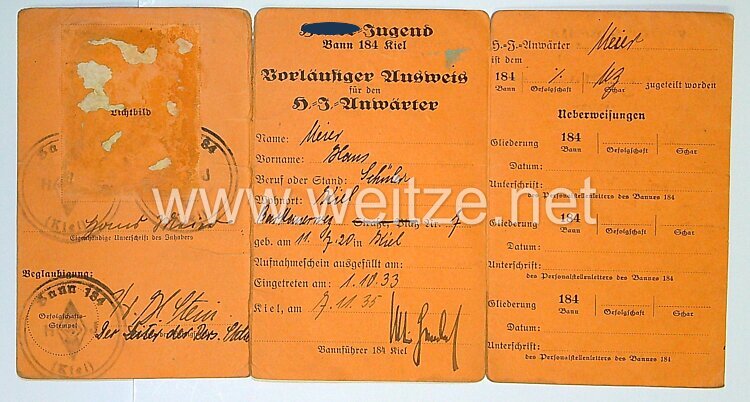 Hitler Jugend ( HJ ) - Vorläufiger - Ausweis eines Jungen im  Bann 184 ( Kiel )  Bild 2
