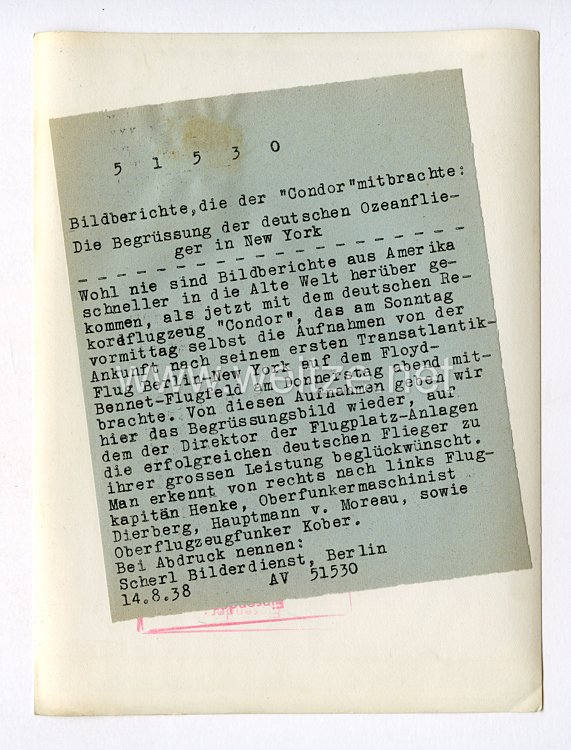 III. Reich Pressefoto. Die Begrüßung der deutschen Ozeanflieger in New York. 14.8.1938. Bild 2