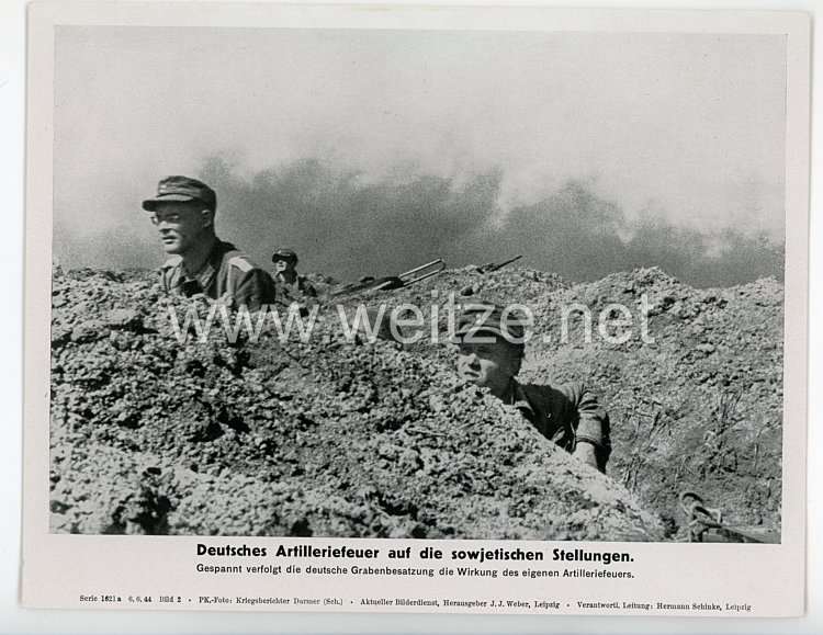 III. Reich - gedrucktes Pressefoto " Deutsches Artilleriefeuer auf die sowjetischen Stellungen " 6.6.1944