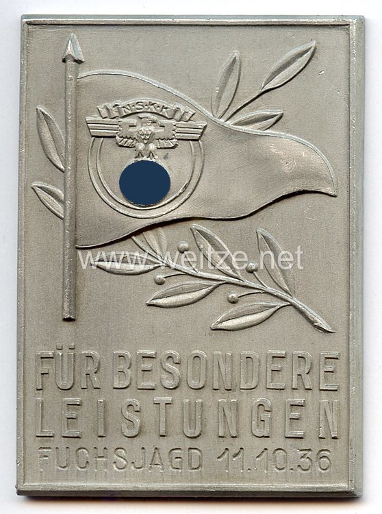 NSKK - nichttragbare Anerkennungsplakette - " Für besondere Leistungen Fuchsjagd 11.10.1936 "