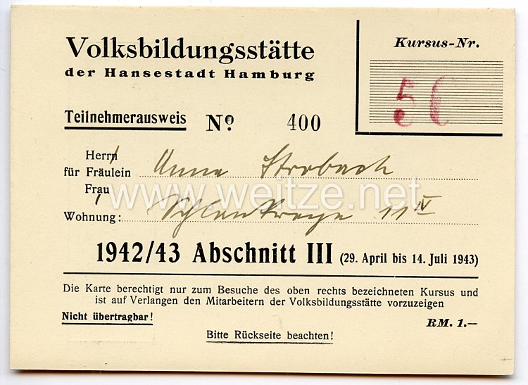 III. Reich - Volksbildungsstätte der Hansestadt Hamburg - Teilnehmerausweis