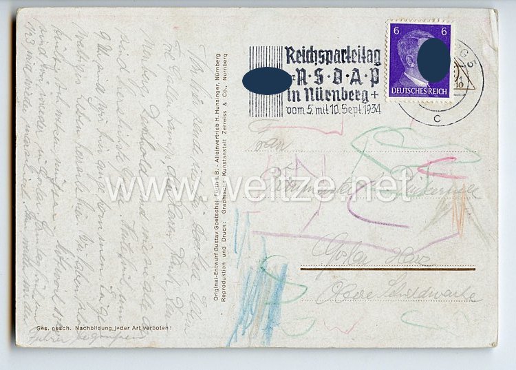 III. Reich - farbige Propaganda-Postkarte " Nürnberg die Stadt der Reichsparteitage - Nürnberger Tand geht durch alle Land " Bild 2