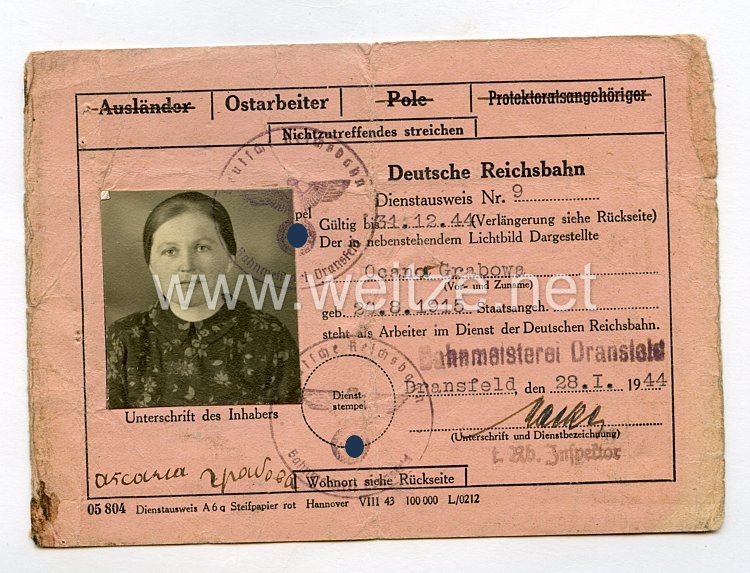 III. Reich - Dienstausweis Reichsbahn für eine Ostarbeiterin des Jahrgangs 1915