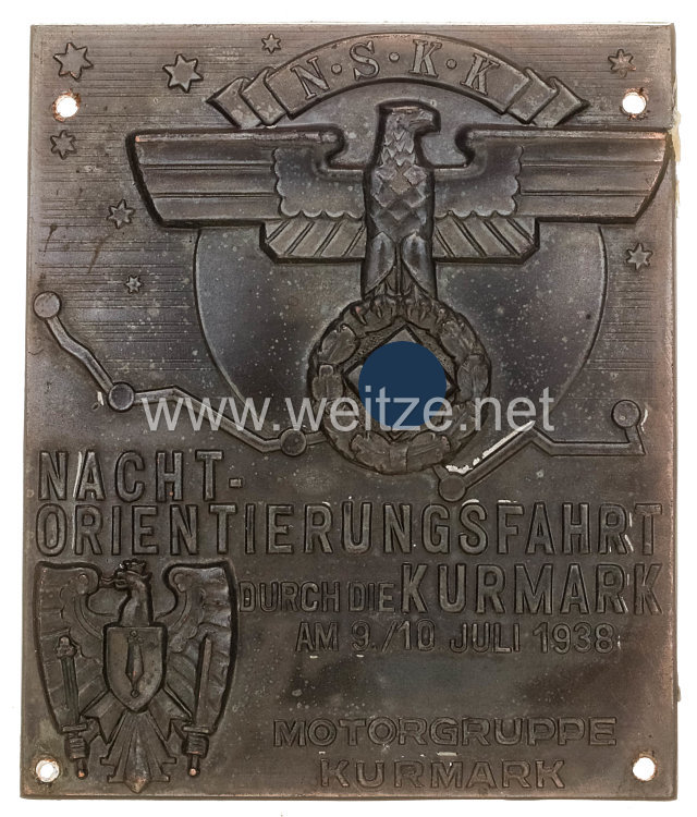 NSKK nichttragbare Teilnehmerplakette: "NSKK Nacht-Orientierungsfahrt durch die Kurmark am 9./10. Juli 1938 Motorgruppe Kurmark"
