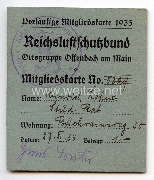 Reichsluftschutzbund ( RLB )  Ortsgruppe Offenbach am Main - Vorläufige Mitgliedskarte 1933
