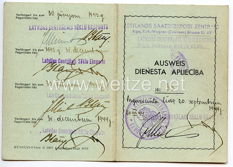 III. Reich / Lettland - Lettlands Saatenemport Zentrale - Dienst Ausweis für eine Frau