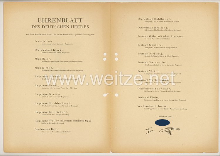 Ehrenblatt des deutschen Heeres - Ausgabe vom 7. Dezember 1943