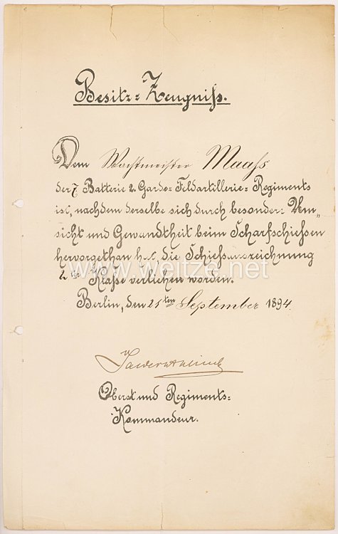 Deutsches Reich - Besitzzeugnis für die Schießauszeichnung 2. Klasse