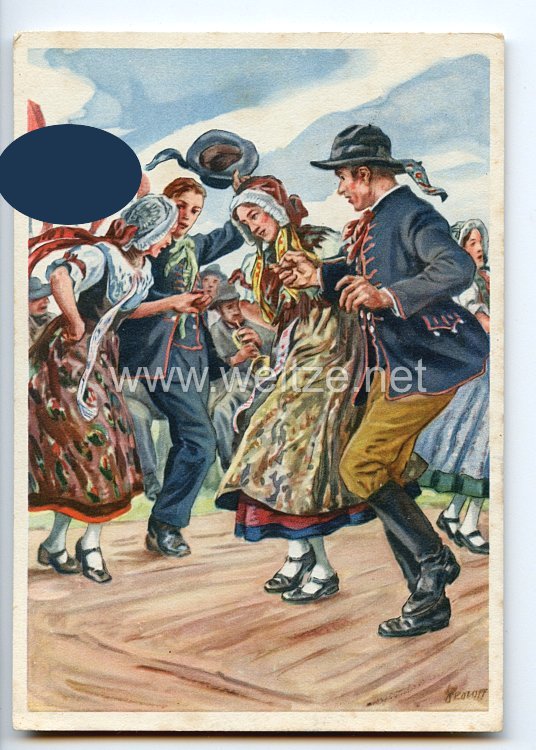 III. Reich - farbige Propaganda-Postkarte - " Deutsches Turn- und Sportfest Breslau 1938 - Schlesische Trachtengruppe "
