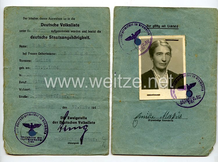 III. Reich - Ausweis der Deutschen Volksliste für eine Frau des Jahrgangs 1884 aus Julianow Bild 2