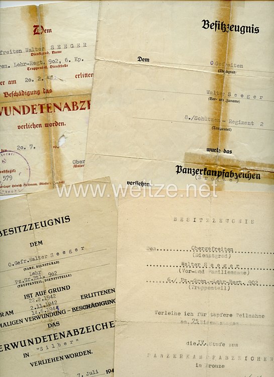 Heer - Urkundengruppe für einen späteren Obergefreiten der 6./Pz.Gren.Lehr-Regt.902 mit dem Panzerkampfabzeichen in Bronze mit Einsatzzahl 75