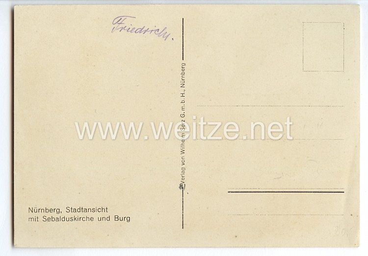 III. Reich - farbige Propaganda-Postkarte - " Erinnerung an den Reichsparteitag der NSDAP Nürnberg 5.-10.Sept.1934 - Stadtansicht mit Sebalduskirche und Burg " Bild 2