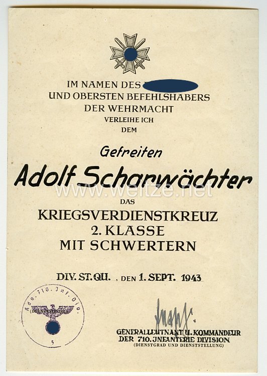 Heer - Verleihungsurkunde, Kriegsverdienstkreuz 2. Klasse