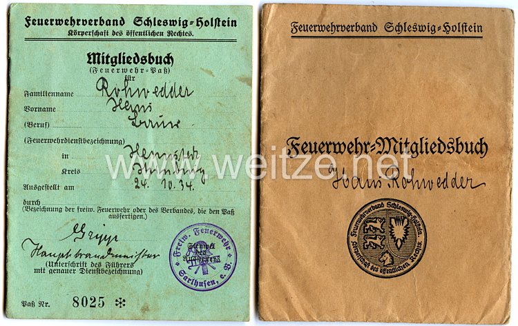 III. Reich - Feuerwehrverband Schleswig-Holstein - Mitgliedsbuch ( Feuerwehr-Paß )