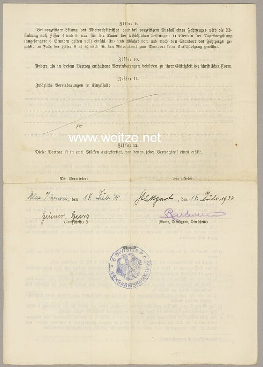 Heer - Vertrag für die Ermietung von Kraftfahrzeugen für die Wehrmacht Bild 2