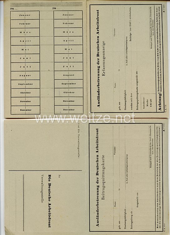 III. Reich - Ausländerbetreuung der Deutschen Arbeitsfront - Erfassungsanzeige und Beitragsquittungskarte Bild 2
