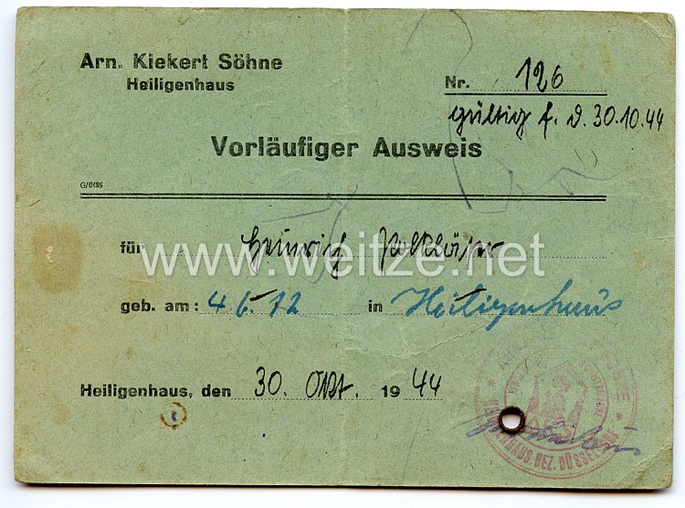 III. Reich - Arnold Kiekert und Söhne (AKS) Schloss- und Beschlagfabrik in Heiligenhaus - Vorläufiger Ausweis Nr. 126