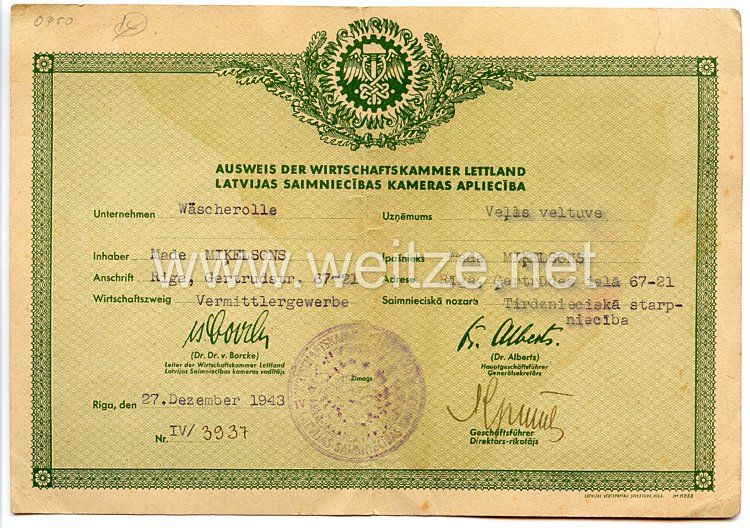 III. Reich / Lettland - Ausweis der Wirtschaftskammer Lettland