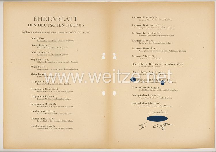 Ehrenblatt des deutschen Heeres - Ausgabe vom 17. November 1943